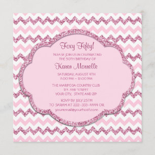 Pink Sparkle Chevron Womans 50th Birthday Party Invitation