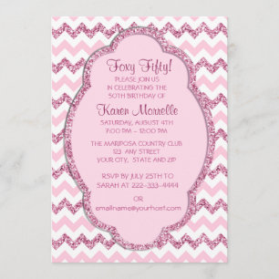 Pink Sparkle Chevron Womans 50th Birthday Party Invitation