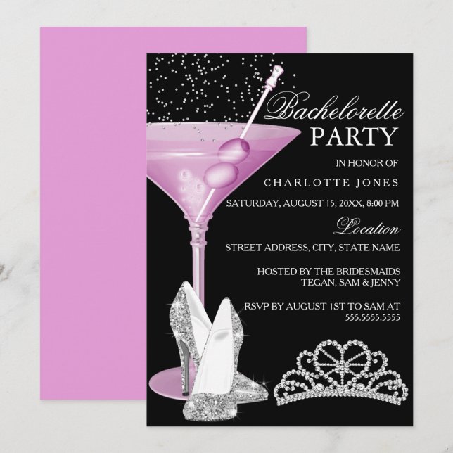 Pink Sparkle Cocktail Bachelorette Party Invitation (Front/Back)