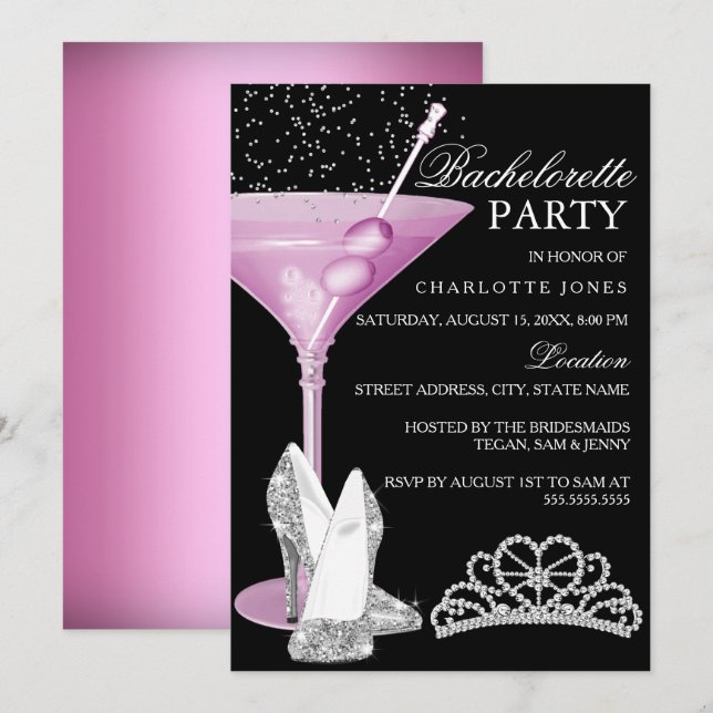 Pink Sparkle Cocktail Bachelorette Party Invitation (Front/Back)