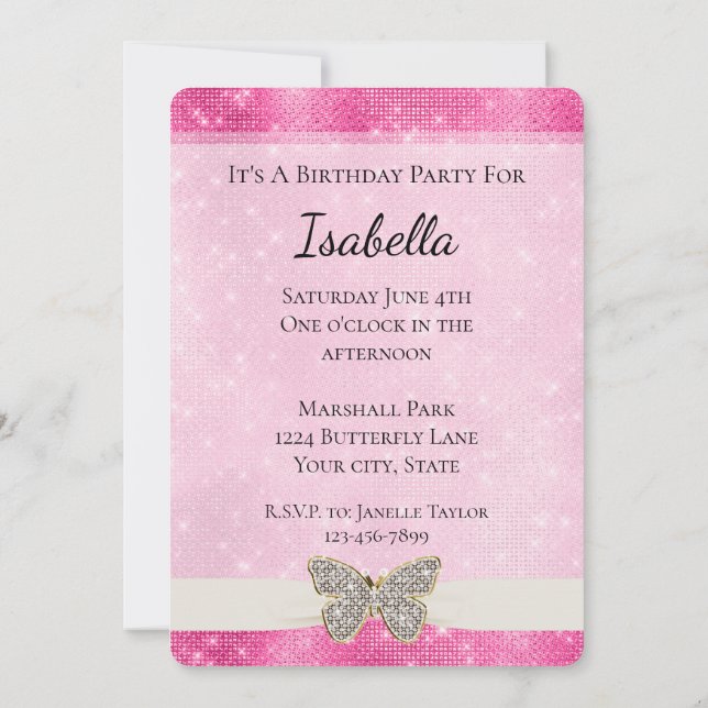 Pink Sparkle Diamond Butterfly Invitation (Back)