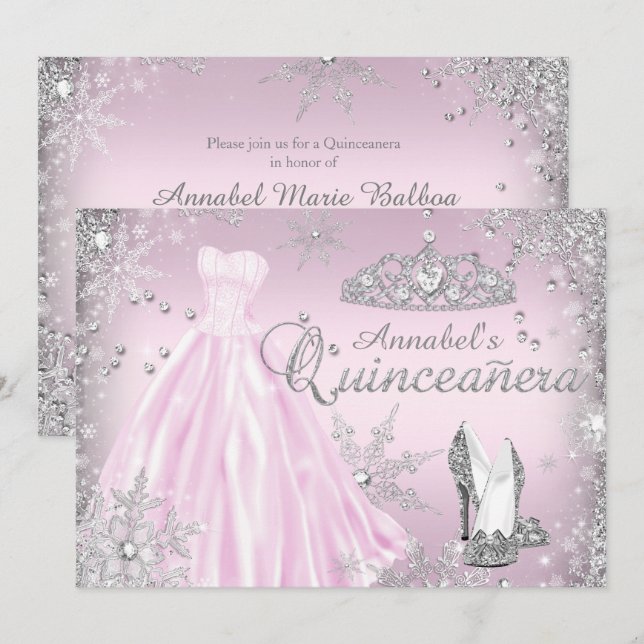 Pink Sparkle Dress Tiara Quinceanera Invitation (Front/Back)