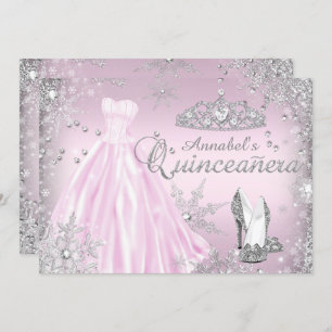 Pink Sparkle Dress Tiara Quinceanera Invitation