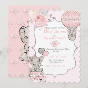 Pink Sparkle Elephant Baby Shower Flat Card