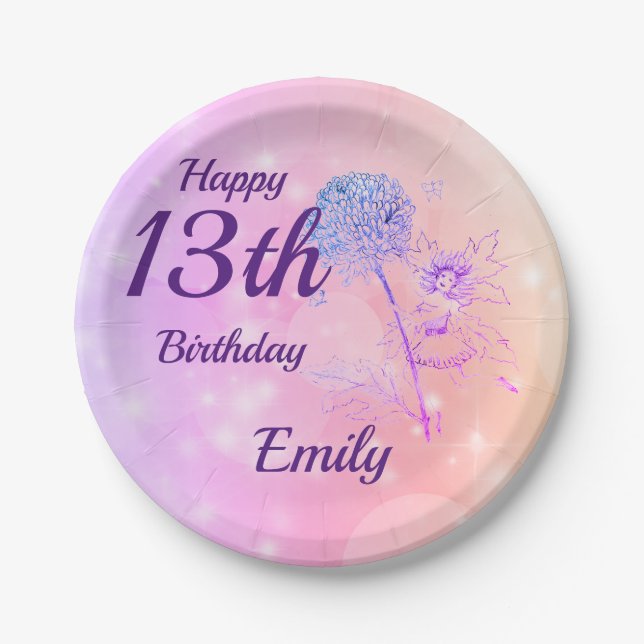 Pink Sparkle Fairy Girl 13th Birthday Paper Plate (Front)