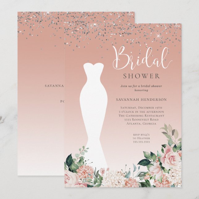 Pink Sparkle Floral Wedding Dress Bridal Shower Invitation (Front/Back)