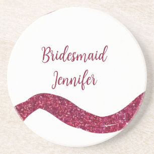 Pink sparkle glitter add bridesmaid name gift thro coaster