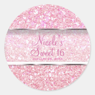 Pink Sparkle Glitter Glam Sweet 16 Party Favour Classic Round Sticker