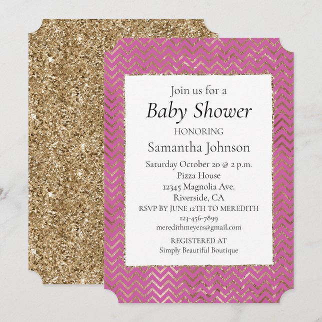 Pink Sparkle glitter Gold Zigzag Baby Shower Invitation (Front/Back)