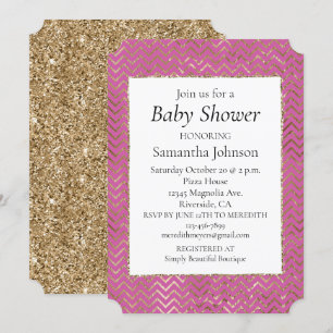Pink Sparkle glitter Gold Zigzag Baby Shower Invitation
