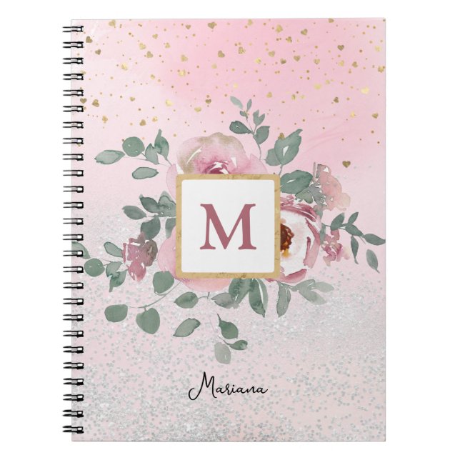 Pink Sparkle Glitter Monogram Girl Daily Diary Notebook (Front)
