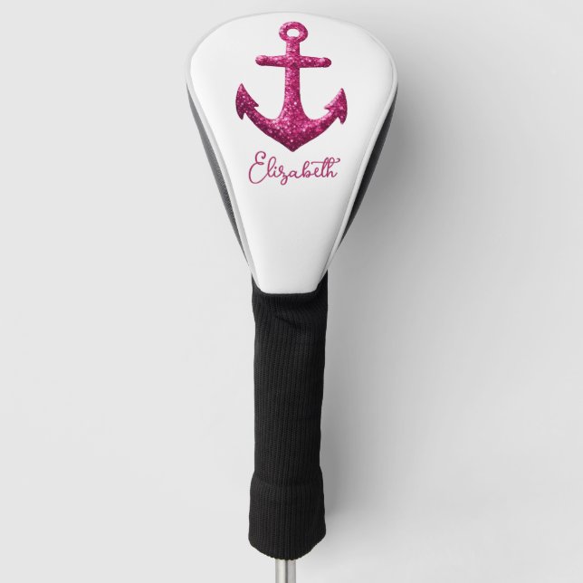 Pink Sparkle Glitter Nautical Sailing Anchor Name Golf Head Cover (Front)