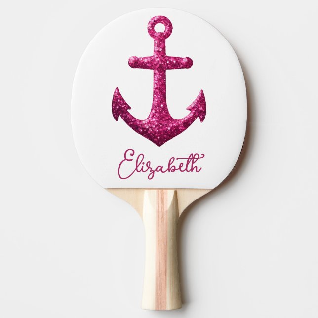 Pink Sparkle Glitter Nautical Sailing Anchor Name Ping Pong Paddle (Front)