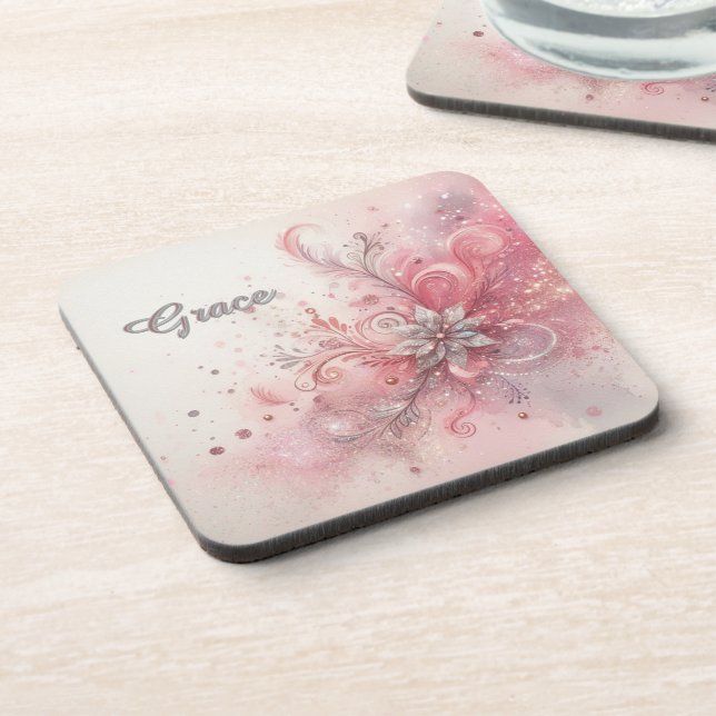 Pink Sparkle Glitter  Personalised  Coaster (Left Side)