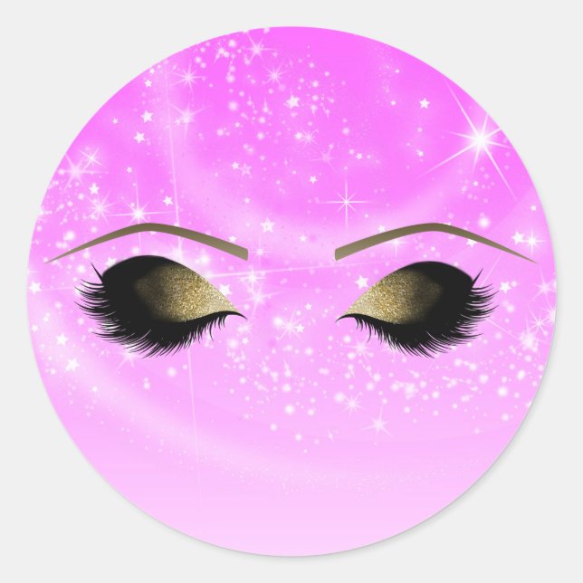 Pink Sparkle Gold Makeup Eyelashes Personalised Classic Round Sticker (Front)