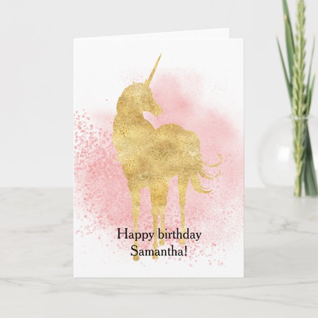 Pink Sparkle Gold Unicorn Birthday Card (Front)
