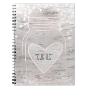 Pink Sparkle Heart Mason Jar & Lights Rustic Glam Notebook
