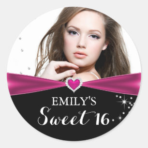 Pink Sparkle Heart Photo Sweet Sixteen Sticker