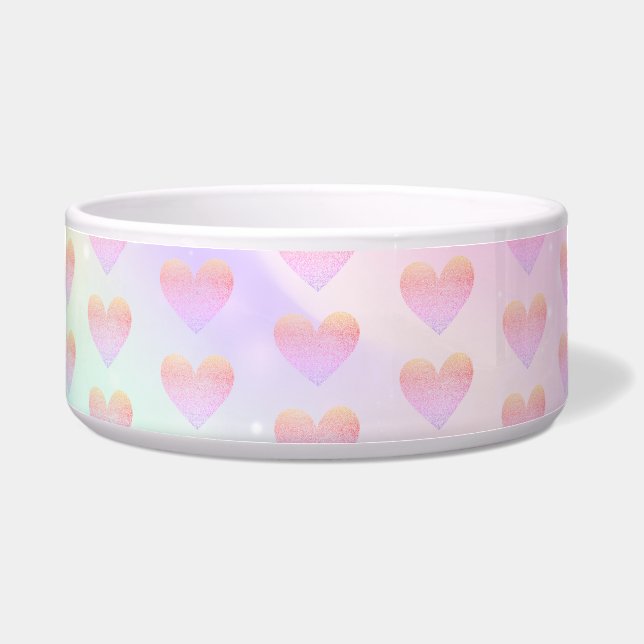 Pink Sparkle Hearts on Unicorn Rainbow Pet Bowl (Front)