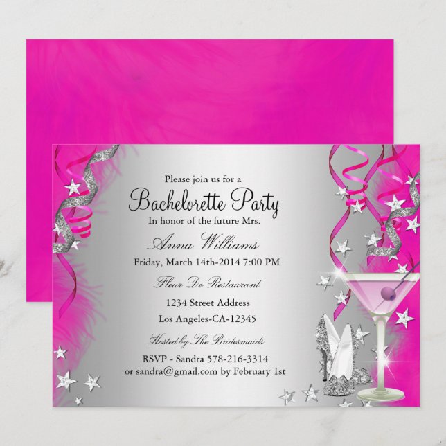 Pink Sparkle Heels & Cocktail Bachelorette Party Invitation (Front/Back)