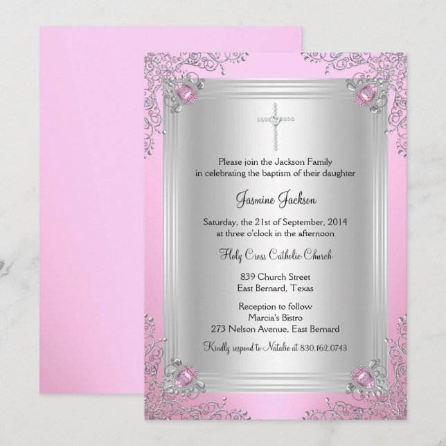 Pink Sparkle Jewel Baptism/Christening Invitation (Front/Back)