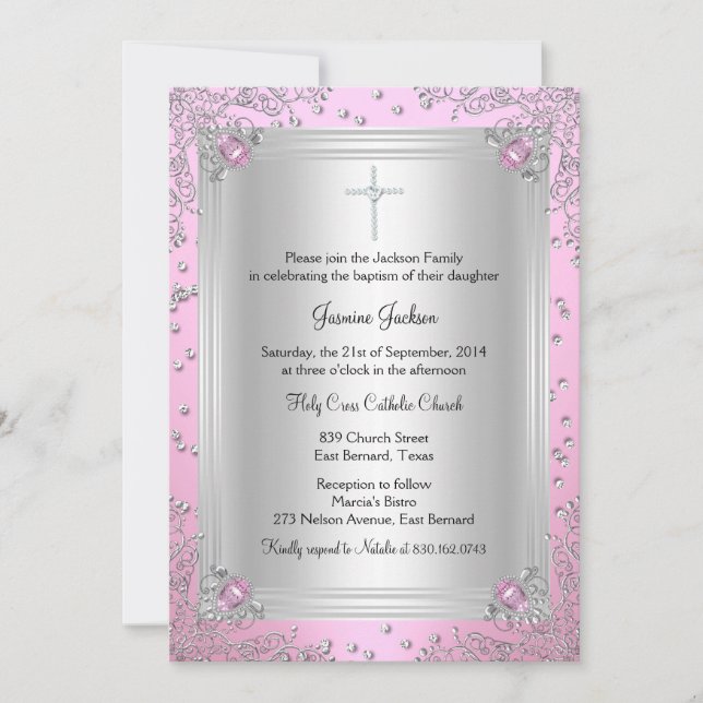 Pink Sparkle Jewel Baptism/Christening Invitation (Front)