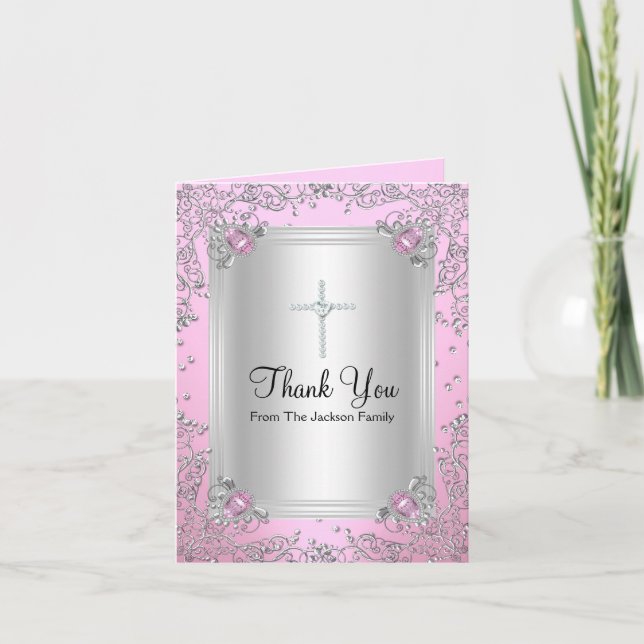 Pink Sparkle Jewel Baptism Thank You Card (Front)