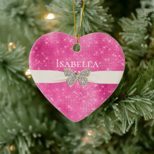Pink Sparkle Jeweled Butterfly Name Ceramic Tree Decoration
