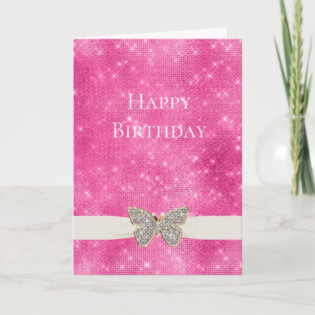 Pink Sparkle Jewelled Butterfly Card (Front)