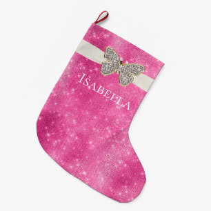 Pink Sparkle Jewelled Butterfly Large Christmas Stocking
