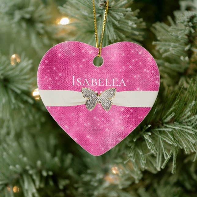 Pink Sparkle Jewelled Butterfly Name Ceramic Tree Decoration (Tree)