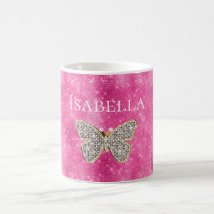 Pink Sparkle Jewelled Butterfly Name Coffee Mug