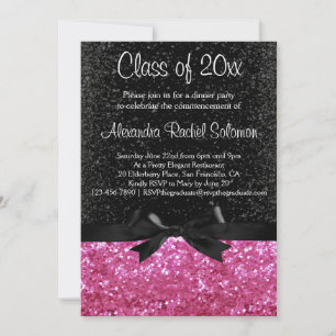 Pink Sparkle-look Black Bow Graduation Invitation