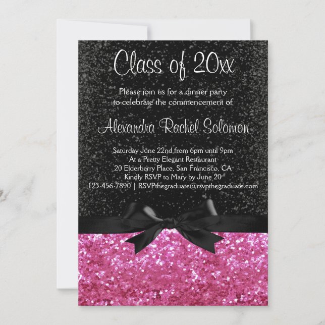 Pink Sparkle-look Black Bow Graduation Invitation (Front)