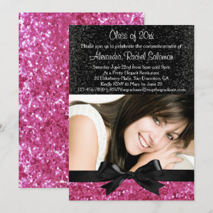 Pink Sparkle-look Bow Photo Graduation Invitation