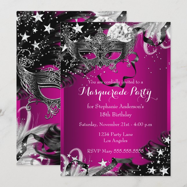 Pink Sparkle Magical Night Masquerade Party Invite (Front/Back)