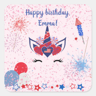 Pink sparkle patriotic unicorn, square sticker