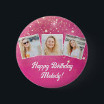Pink Sparkle Photo Collage Girls Birthday Party 6 Cm Round Badge<br><div class="desc">Pretty pink sparkles decorate these cute custom photo collage birthday party buttons for a woman,  teenager,  or little girl who loves sparkly glam gifts. Personalised happy birthday gift with 3 photographs over a hot pink girly background.</div>