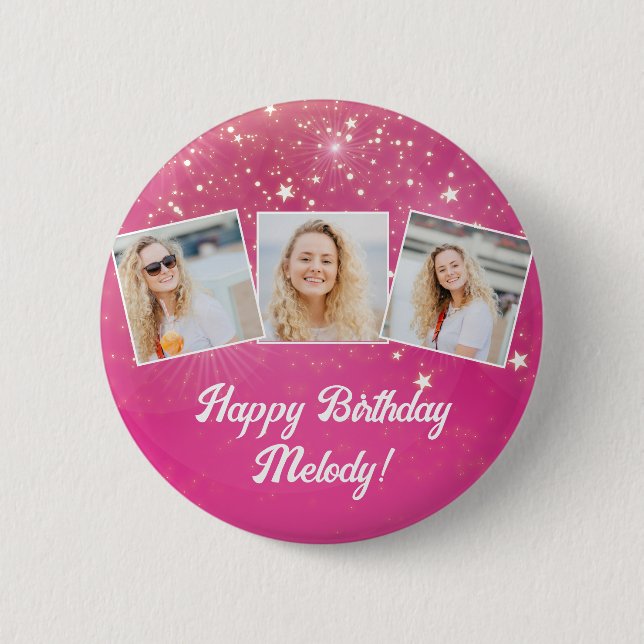 Pink Sparkle Photo Collage Girls Birthday Party 6 Cm Round Badge (Front)