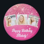 Pink Sparkle Photo Collage Girls Birthday Party Magnet<br><div class="desc">Pretty pink sparkles decorate these cute custom photo collage birthday party magnets for a woman,  teenager,  or little girl who loves sparkly glam gifts. Personalised happy birthday gift with 3 photographs over a hot pink girly background.</div>