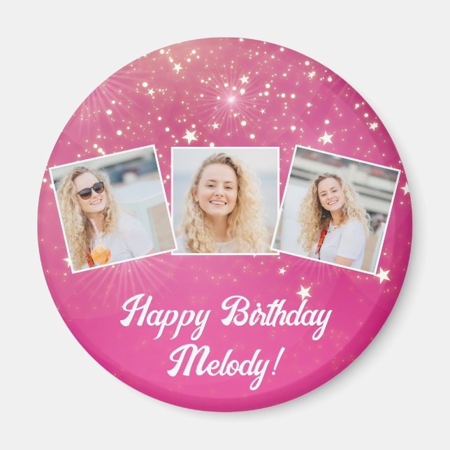 Pink Sparkle Photo Collage Girls Birthday Party Magnet (Front)