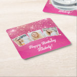 Pink Sparkle Photo Collage Girls Birthday Party Square Paper Coaster<br><div class="desc">Pretty pink sparkles decorate these cute custom photo collage birthday party coasters for a woman,  teenager,  or little girl who loves sparkly glam gifts. Personalised happy birthday gift with 3 photographs over a hot pink girly background.</div>