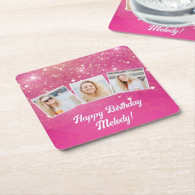 Pink Sparkle Photo Collage Girls Birthday Party Square Paper Coaster (Angled)