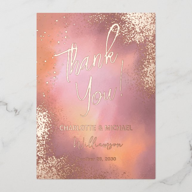 Pink Sparkle Photo Overlay Wedding Thank You (Front)