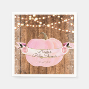 Pink Sparkle Pumpkin Autumn Rustic Wood Lights Napkin