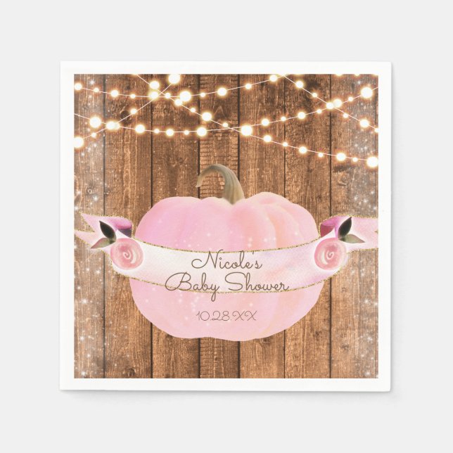 Pink Sparkle Pumpkin Autumn Rustic Wood Lights Napkin (Front)