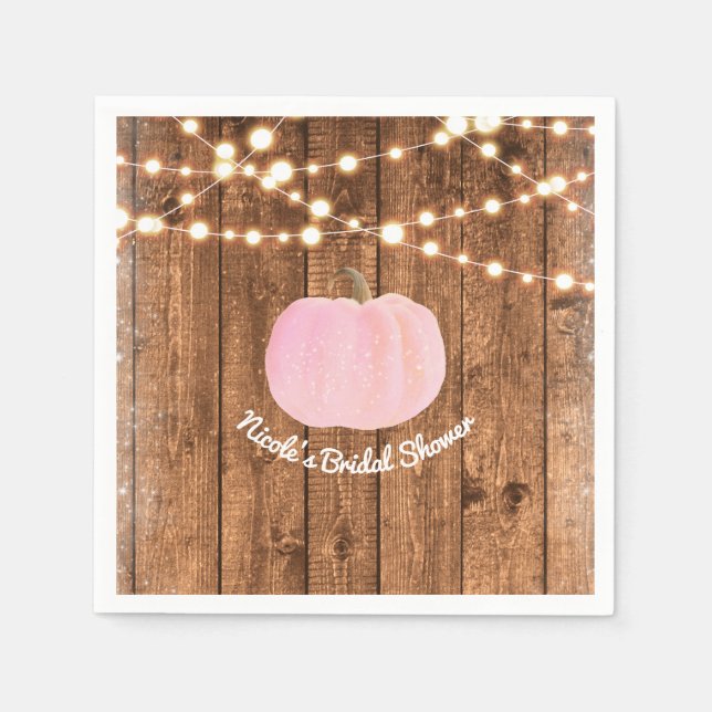 Pink Sparkle Pumpkin Autumn Rustic Wood Lights Napkin (Front)