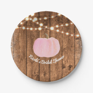 Pink Sparkle Pumpkin Autumn Rustic Wood Lights Paper Plate