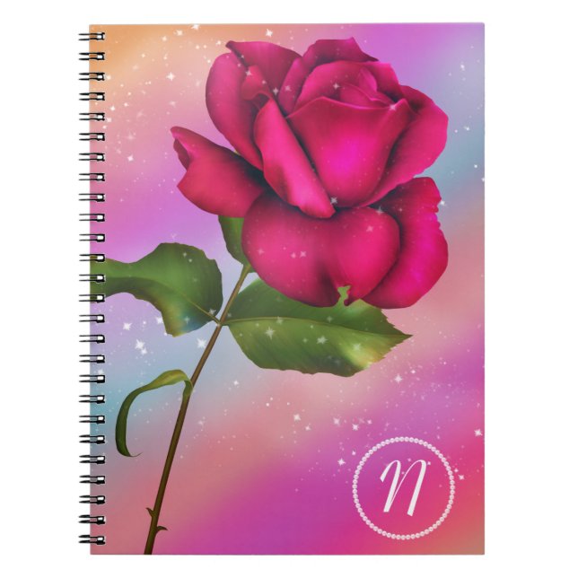 Pink Sparkle Rose Rainbow Pastel Floral Notebook (Front)