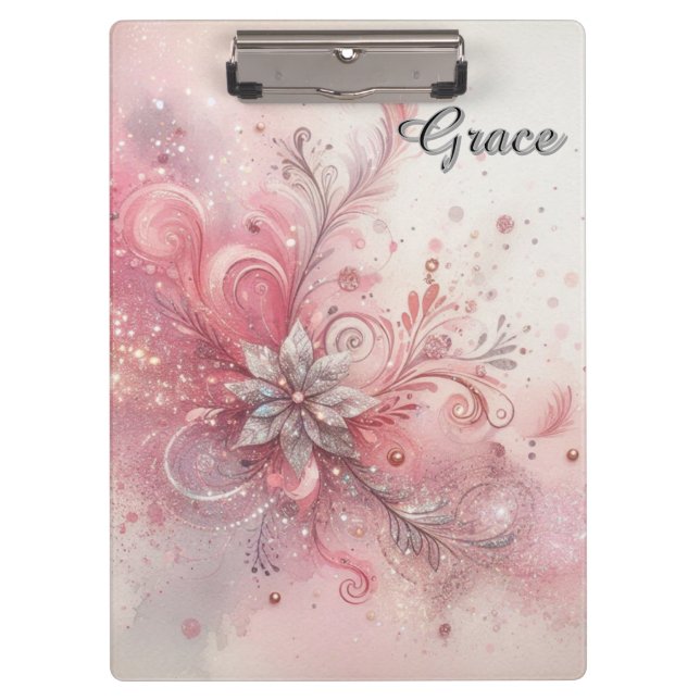 Pink Sparkle Silver Glitter Flower Personalised   Clipboard (Front)
